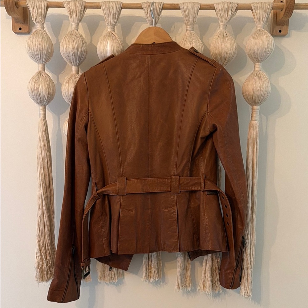 Rachel Zoe Women's Brown Leather Double-Breasted Belted Jacket - Picture 5 of 6